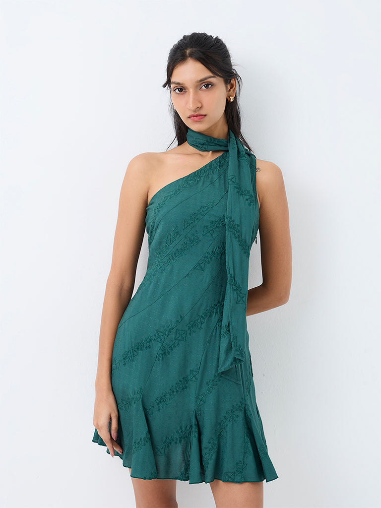 Bombay Paisley Green Scarf-Detail Mini One-Shoulder Dress