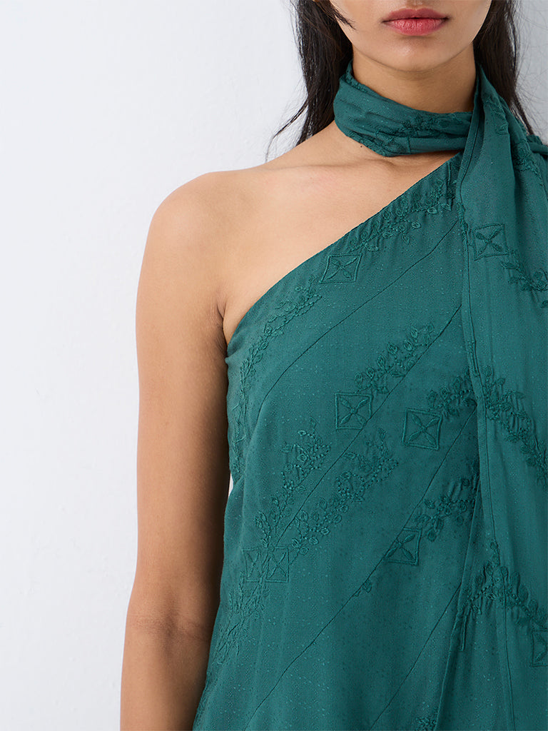 Bombay Paisley Green Scarf-Detail Mini One-Shoulder Dress