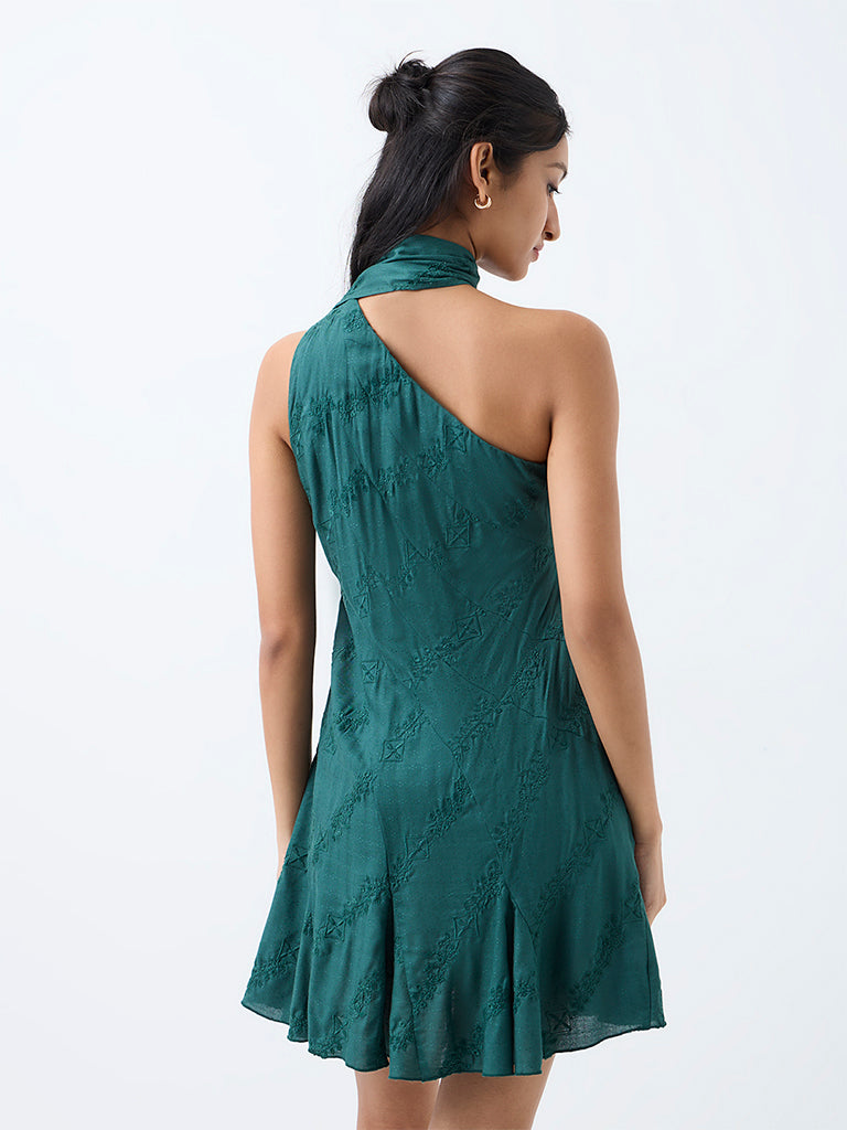 Bombay Paisley Green Scarf-Detail Mini One-Shoulder Dress