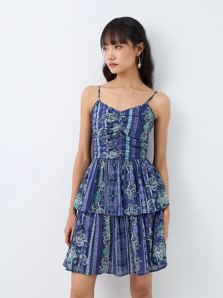 Bombay Paisley Blue Printed Tiered Cotton Mini Dress