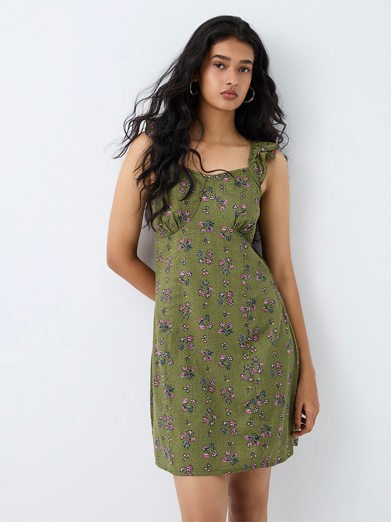 Bombay Paisley Green Floral Printed Cotton A-Line Mini Dress