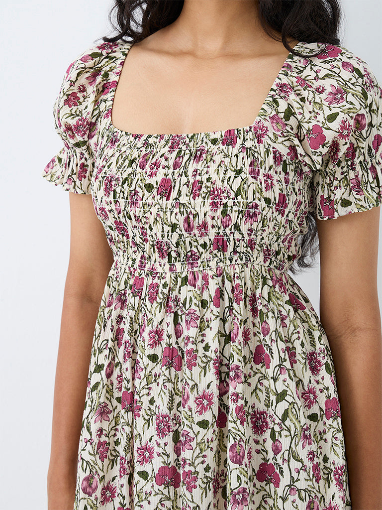 Bombay Paisley Off-White Floral Printed Cotton Fit-and-Flare Mini Dress