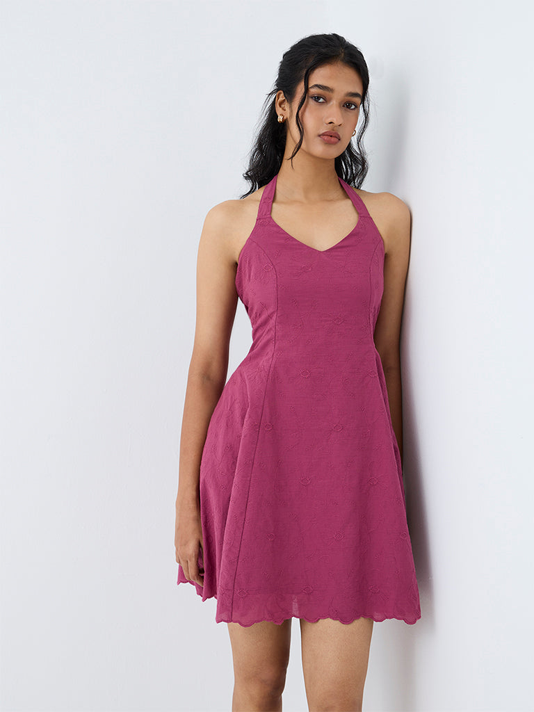 Bombay Paisley Magenta Floral Embroidered Cotton Fit-and-Flare Dress