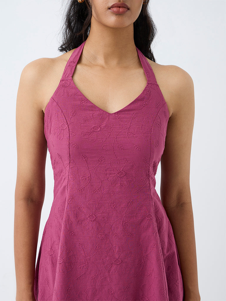 Bombay Paisley Magenta Floral Embroidered Cotton Fit-and-Flare Dress