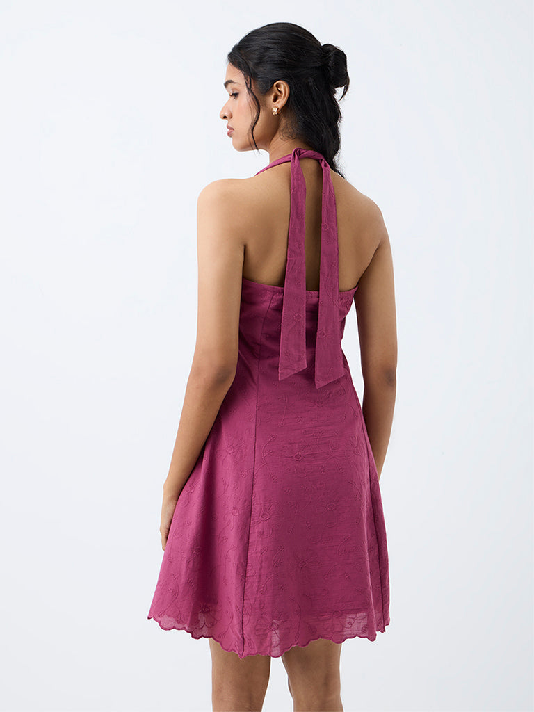 Bombay Paisley Magenta Floral Embroidered Cotton Fit-and-Flare Dress