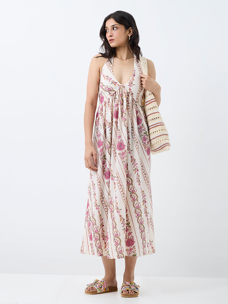 Bombay Paisley Off-White Floral Printed Empire-Line Dress