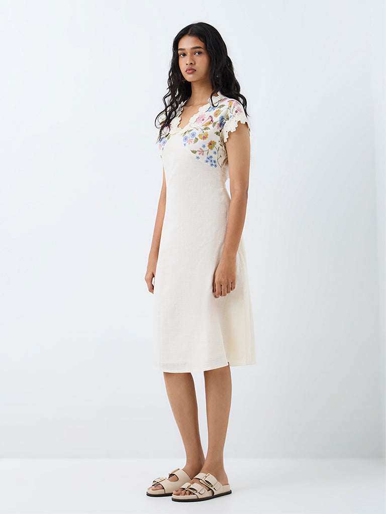 Bombay Paisley White Floral Embroidered Cotton A-Line Midi Dress