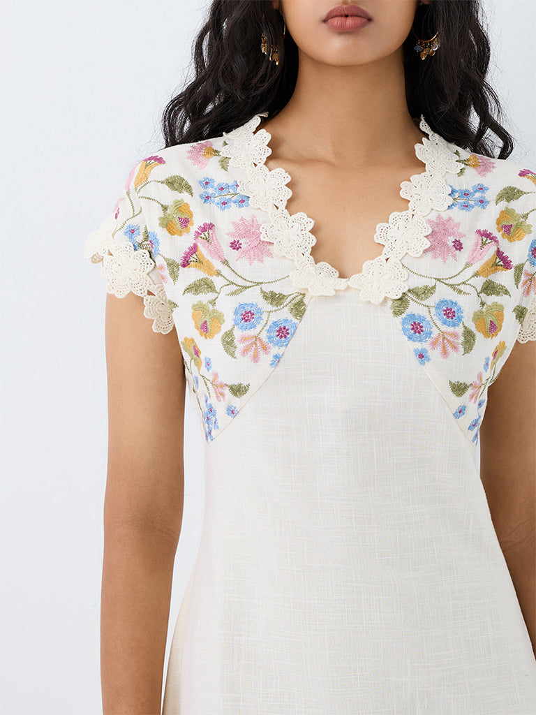 Bombay Paisley White Floral Embroidered Cotton A-Line Midi Dress