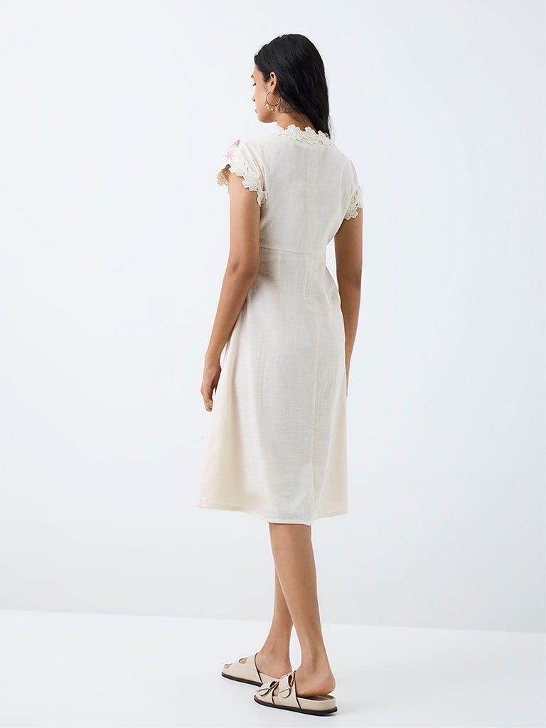 Bombay Paisley White Floral Embroidered Cotton A-Line Midi Dress