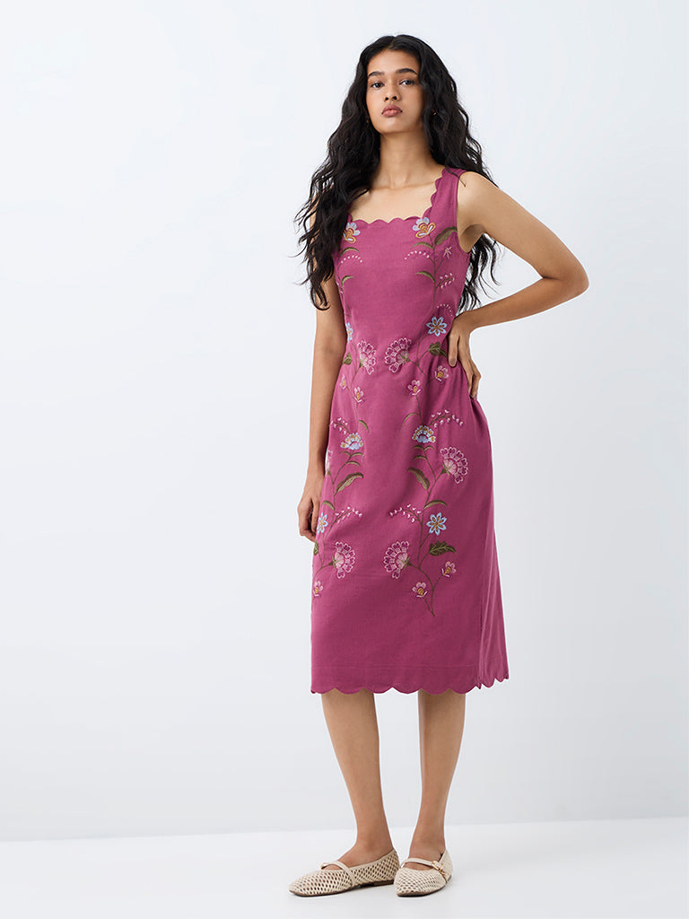Bombay Paisley Magenta Floral Embroidered Cotton-Blend Straight Midi Dress
