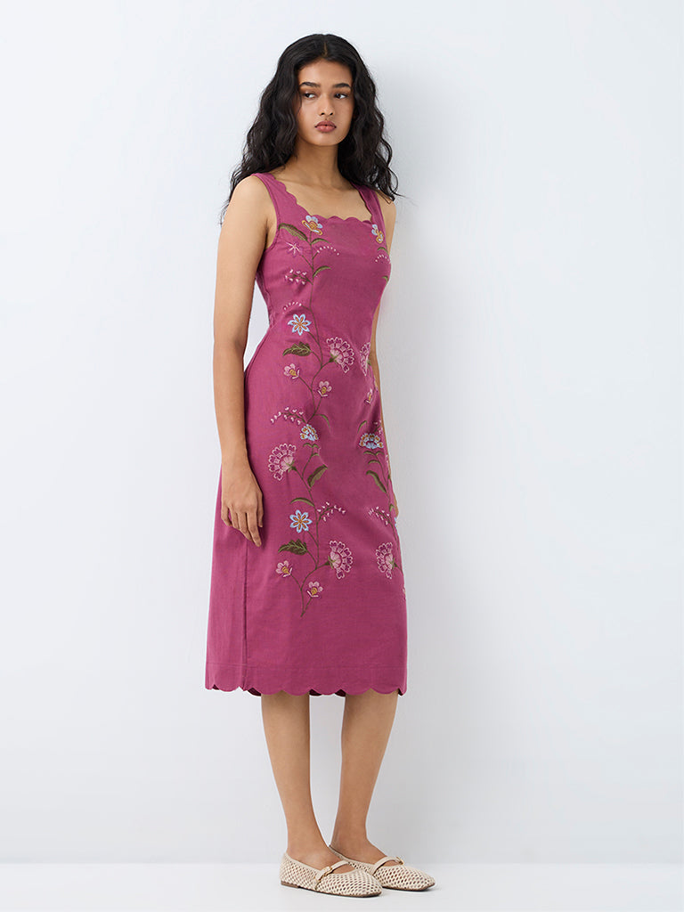 Bombay Paisley Magenta Floral Embroidered Cotton-Blend Straight Midi Dress