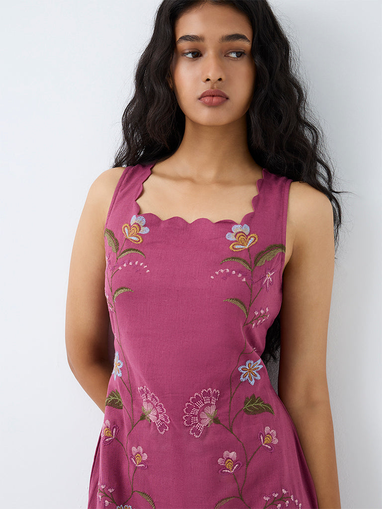 Bombay Paisley Magenta Floral Embroidered Cotton-Blend Straight Midi Dress