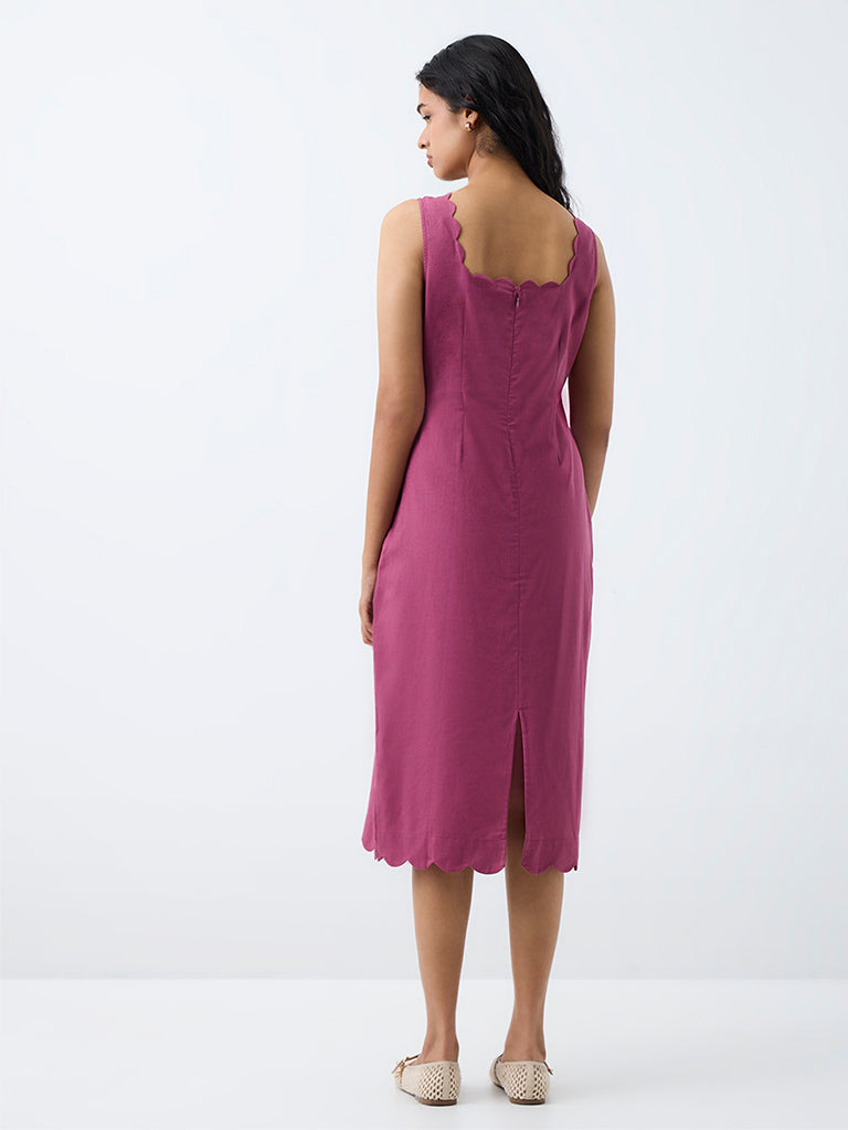 Bombay Paisley Magenta Floral Embroidered Cotton-Blend Straight Midi Dress