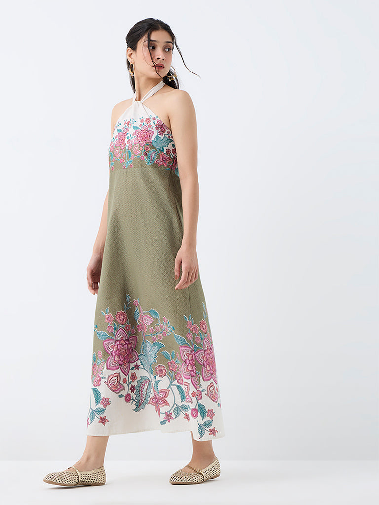 Bombay Paisley Sage Green Floral Printed Cotton A-Line Dress