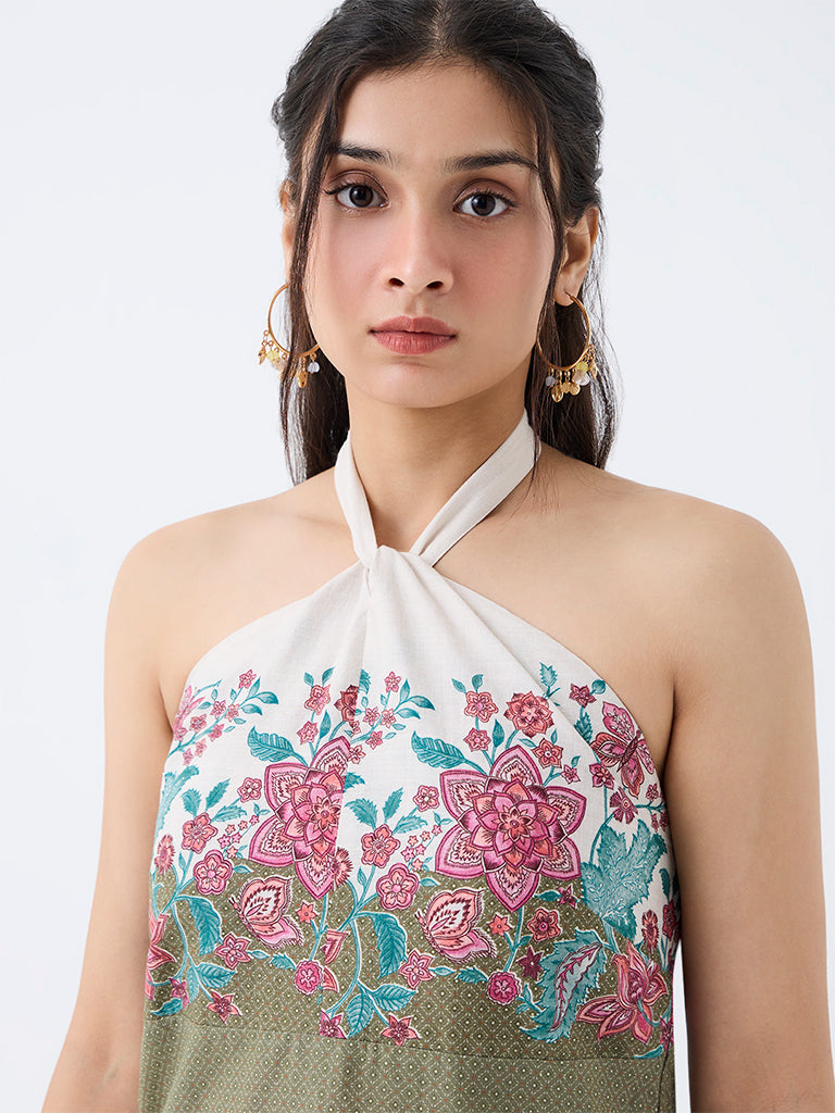 Bombay Paisley Sage Green Floral Printed Cotton A-Line Dress