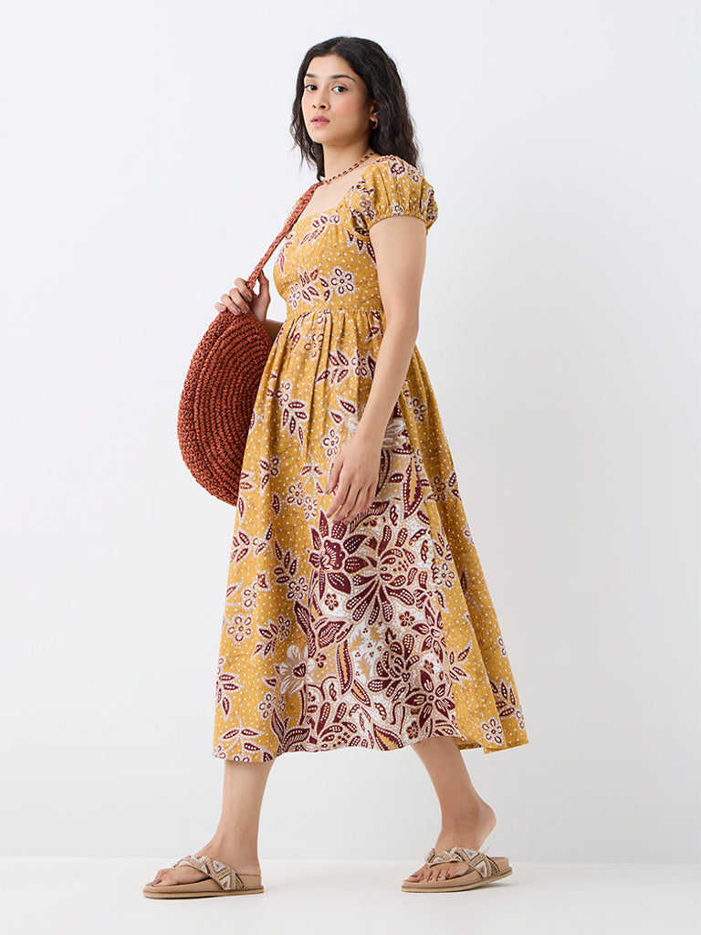 Bombay Paisley Mustard Floral Printed Cotton Fit-and-Flare Dress