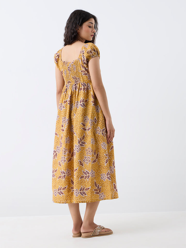 Bombay Paisley Mustard Floral Printed Cotton Fit-and-Flare Dress