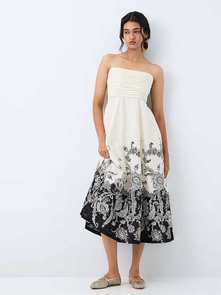 Bombay Paisley Off-White Floral Printed Cotton-Blend Tube Dress