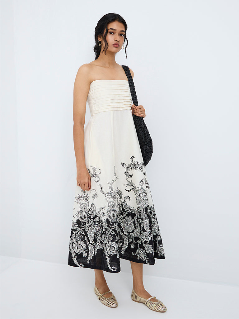 Bombay Paisley Off-White Floral Printed Cotton-Blend Tube Dress