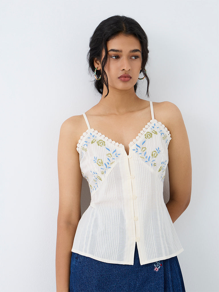 Bombay Paisley White Pintuck Detail Cotton Top