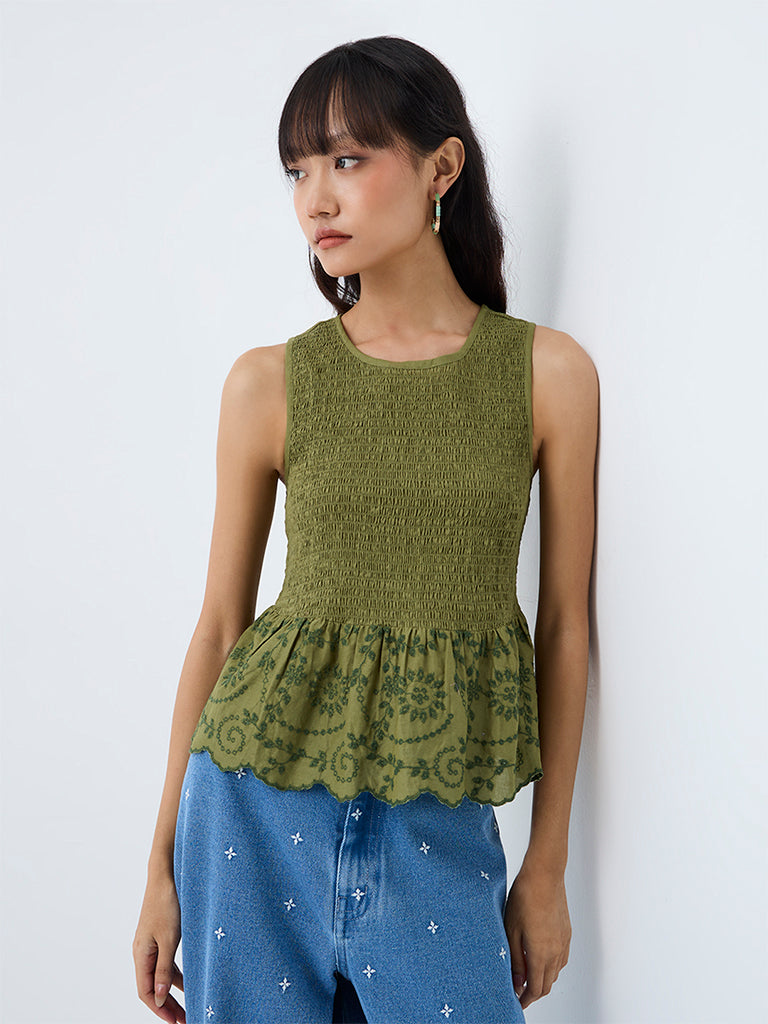 Bombay Paisley Green Smocked Peplum Cotton Top