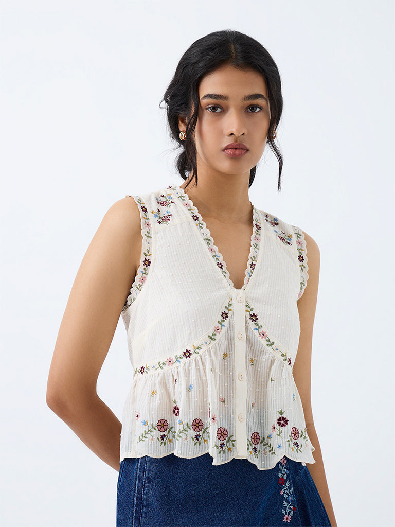 Bombay Paisley White Floral Embroidered Cotton Top
