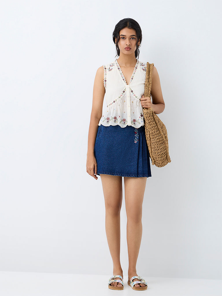 Bombay Paisley White Floral Embroidered Cotton Top