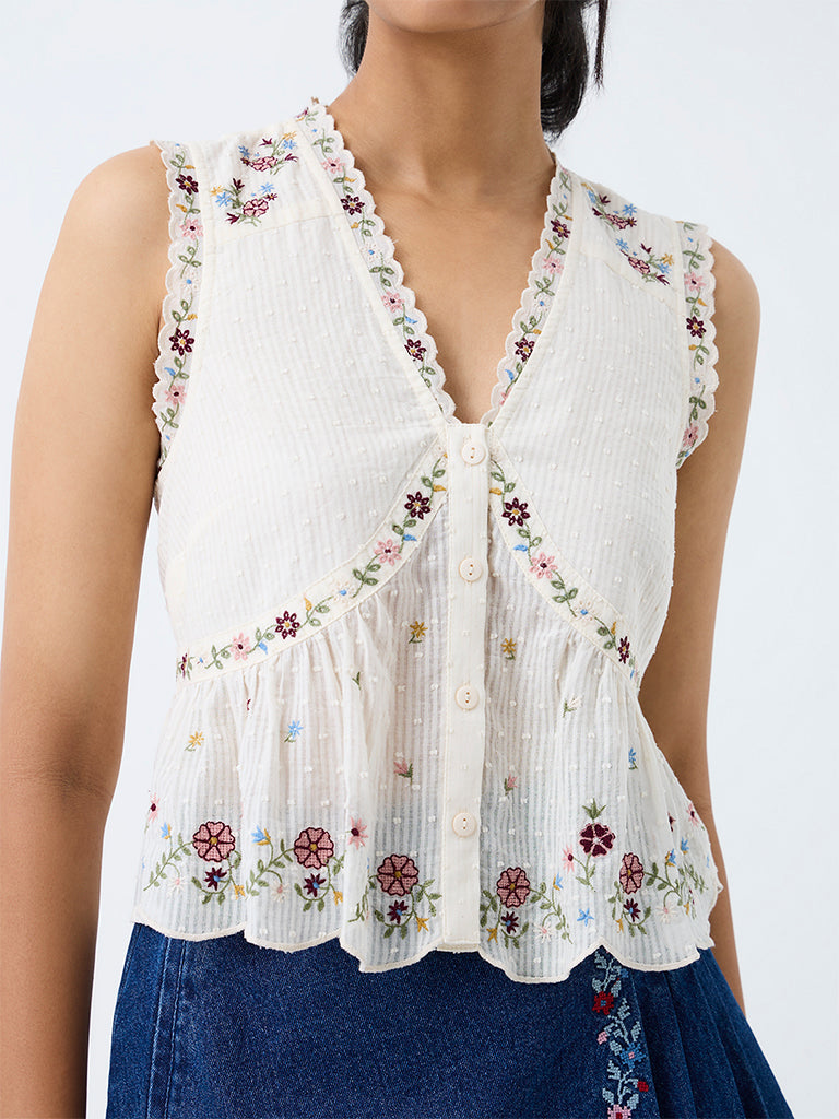Bombay Paisley White Floral Embroidered Cotton Top