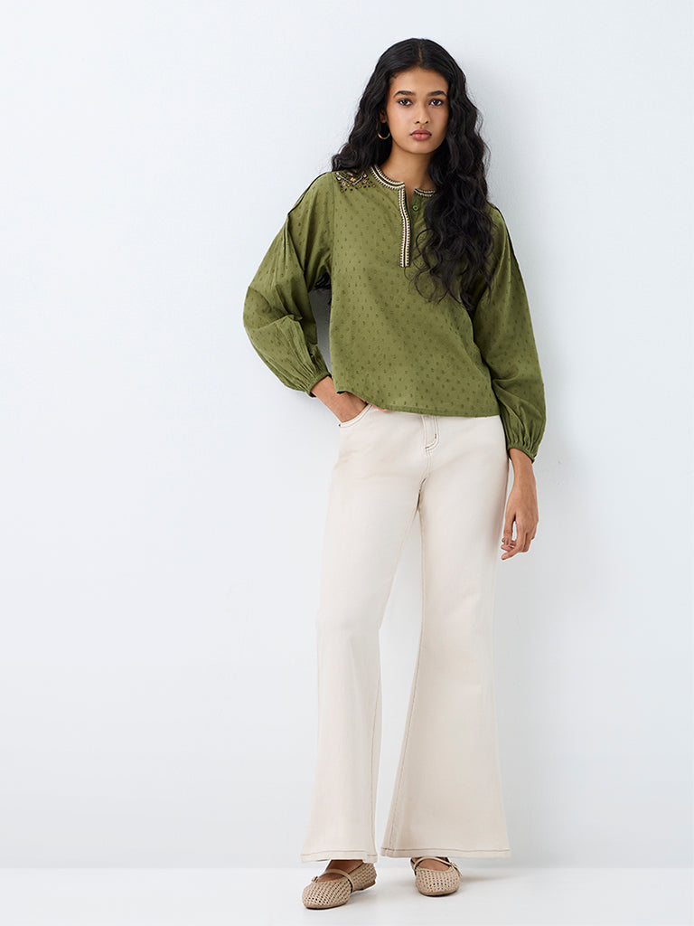 Bombay Paisley Olive Swiss-Dot Embroidered Cotton Blouse