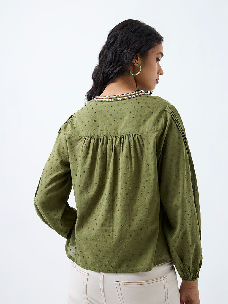 Bombay Paisley Olive Swiss-Dot Embroidered Cotton Blouse