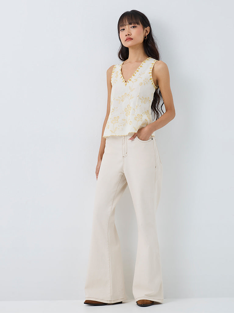Bombay Paisley White Floral Embroidered Cotton-Blend Top