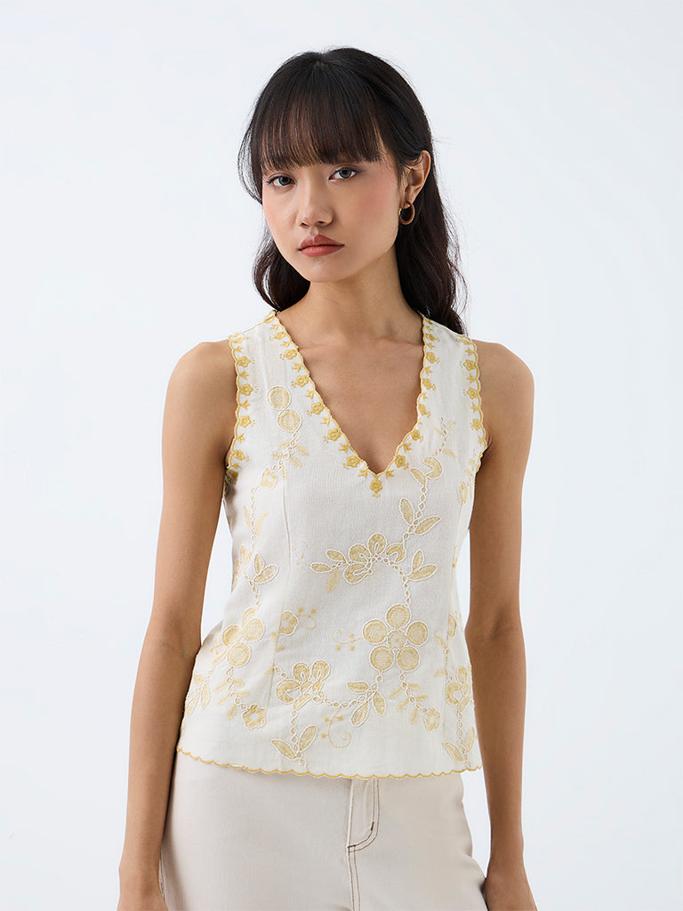 Bombay Paisley White Floral Embroidered Cotton-Blend Top