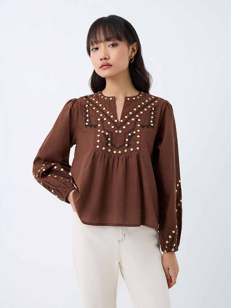 Bombay Paisley Brown Mirror Embroidered Cotton Blouse