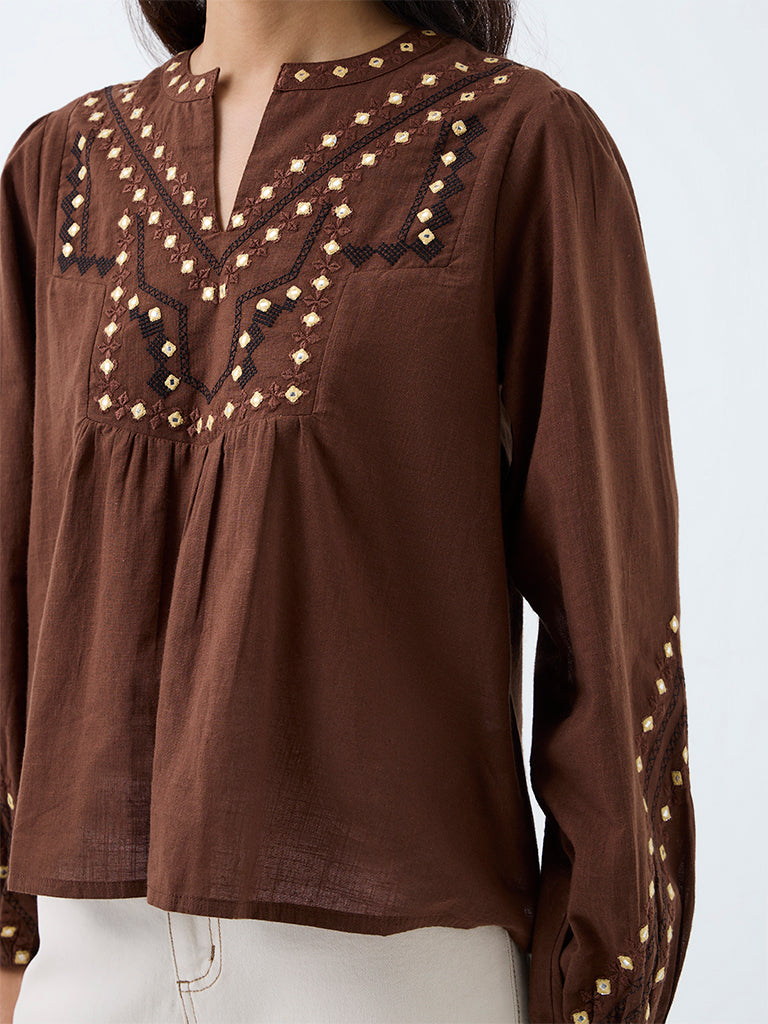 Bombay Paisley Brown Mirror Embroidered Cotton Blouse