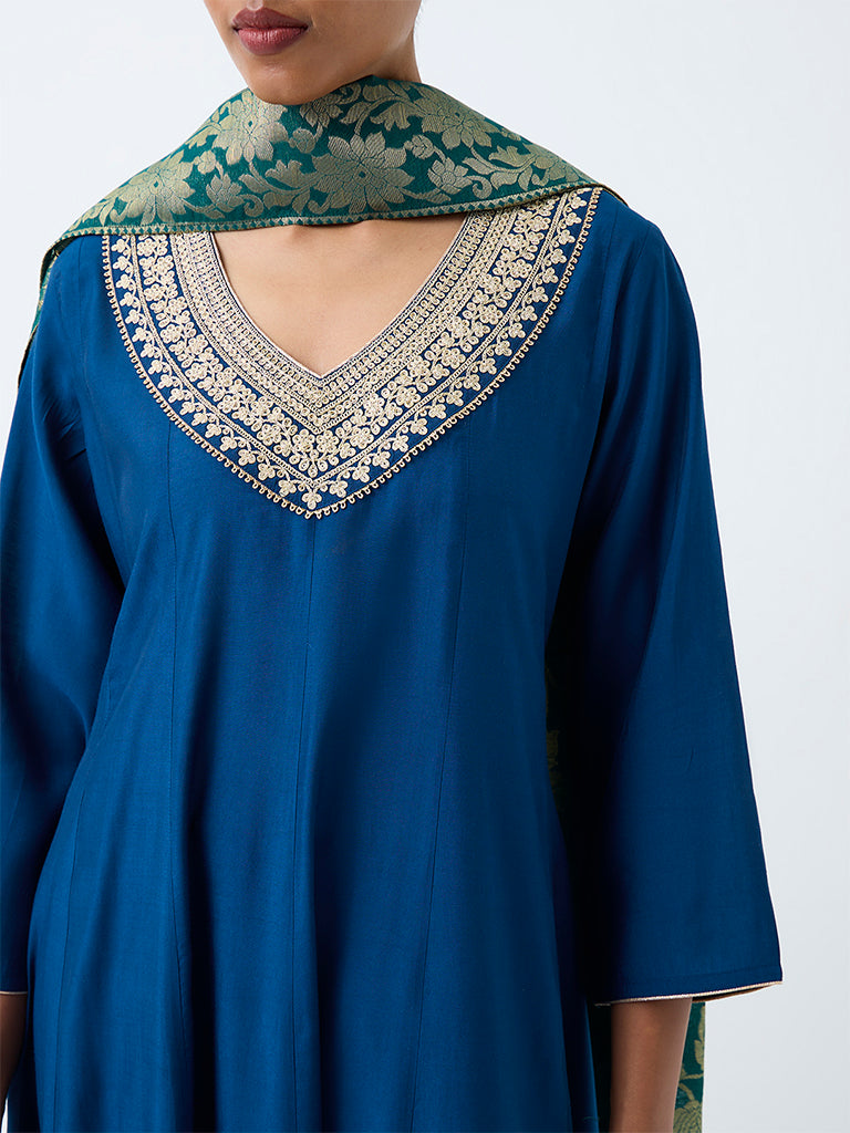 Vark Dark Blue Zari-Embroidered Flared Ethnic Set