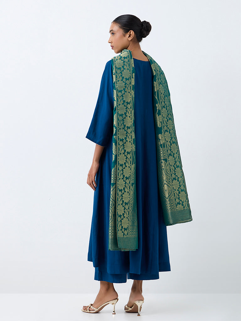 Vark Dark Blue Zari-Embroidered Flared Ethnic Set