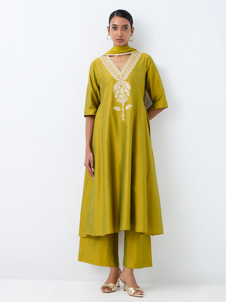 Vark Lime Floral Embroidered Flared Ethnic Set