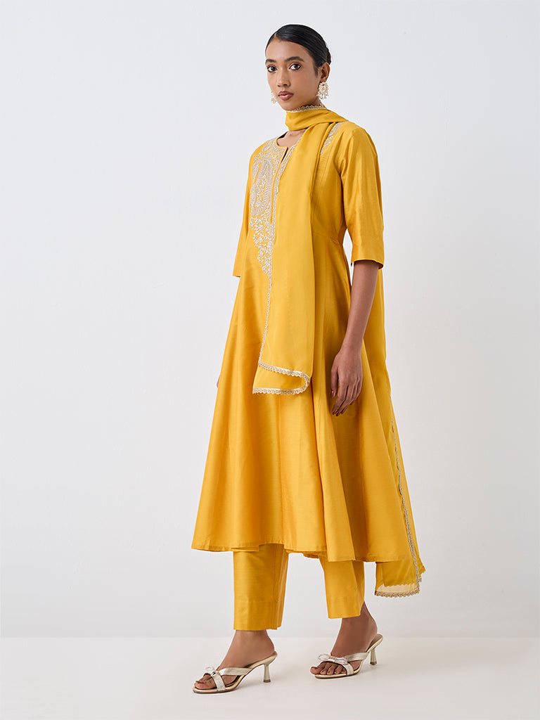 Vark Yellow Paisley Embroidered Flared Ethnic Set