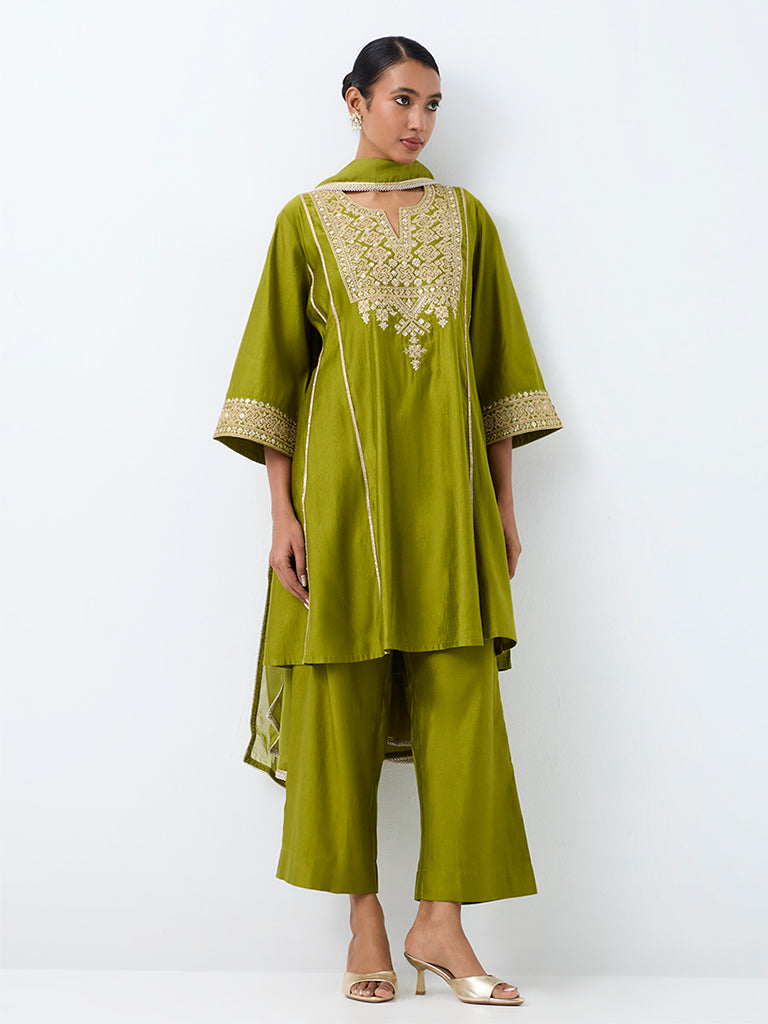 Vark Olive Zari Embroidered Flared Ethnic Set