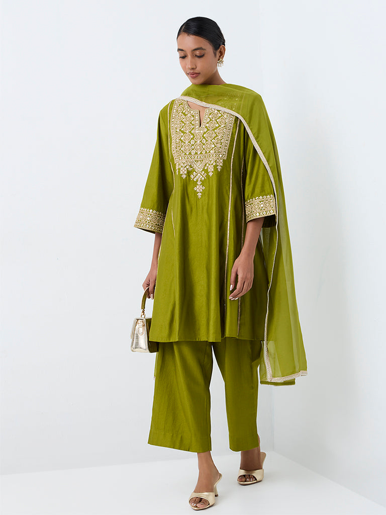 Vark Olive Zari Embroidered Flared Ethnic Set