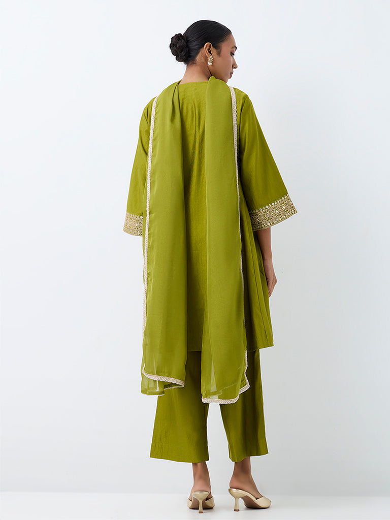 Vark Olive Zari Embroidered Flared Ethnic Set