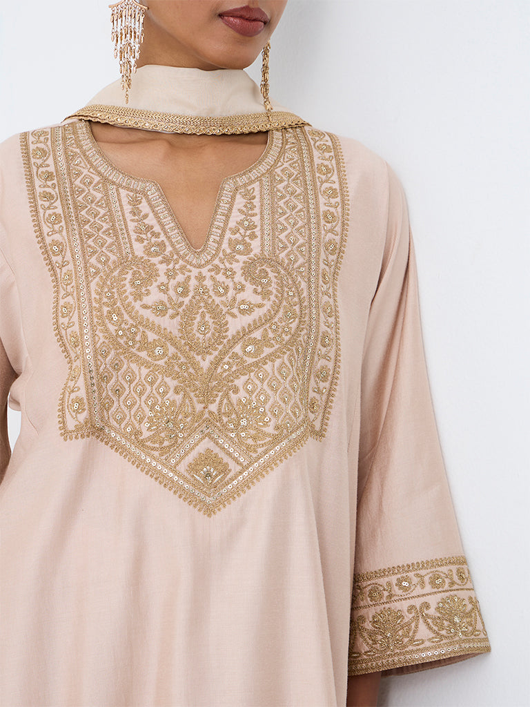 Vark Dusty Pink Paisley Embroidered A-Line Ethnic Set