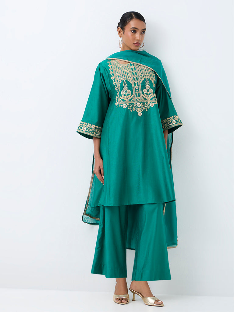 Vark Teal Floral Embroidered Flared Ethnic Set