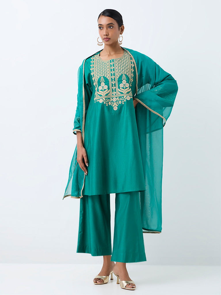 Vark Teal Floral Embroidered Flared Ethnic Set