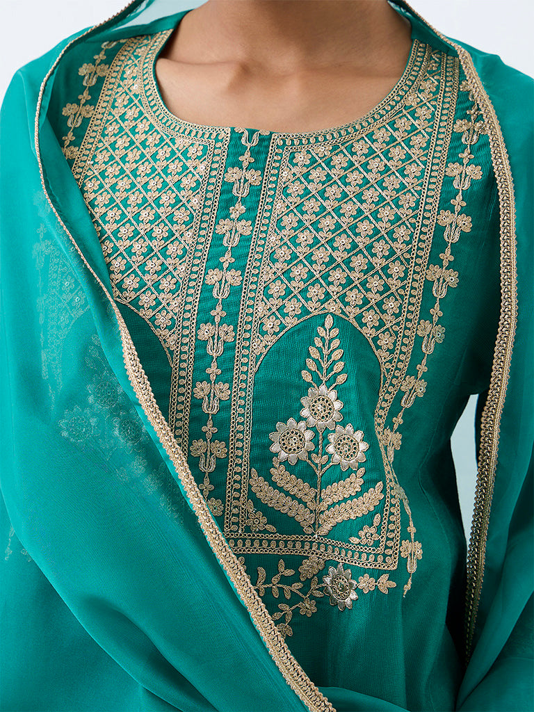 Vark Teal Floral Embroidered Flared Ethnic Set