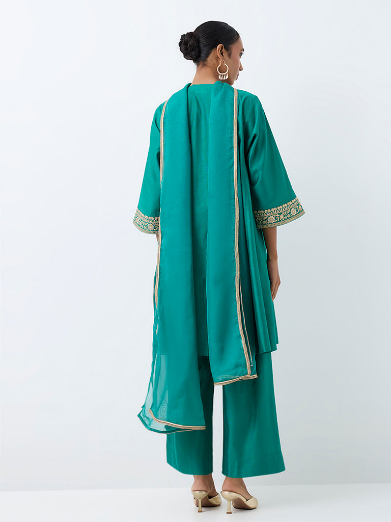 Vark Teal Floral Embroidered Flared Ethnic Set