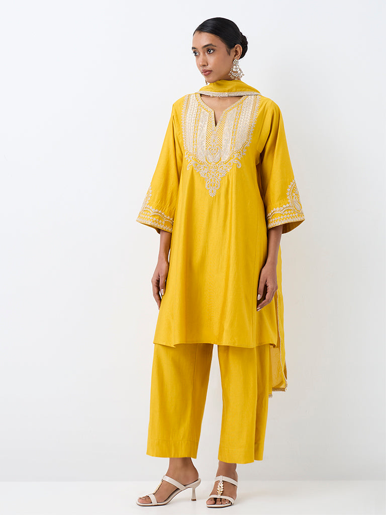 Vark Yellow Paisley Embroidered A-Line Ethnic Set