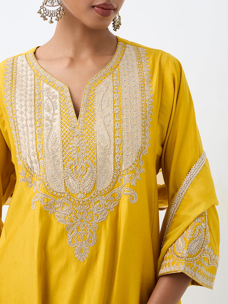 Vark Yellow Paisley Embroidered A-Line Ethnic Set