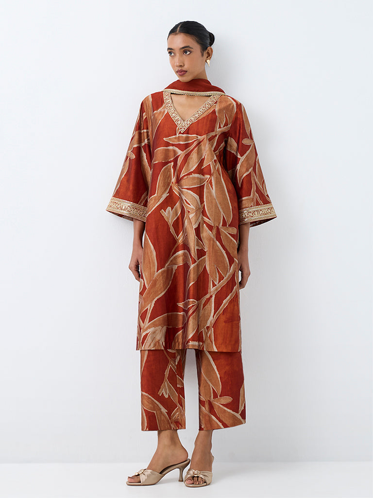 Vark Rust Foliage Printed Straight Ethnic Set
