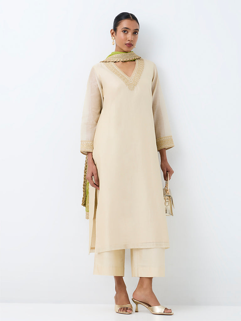 Vark Light Gold Zari-Embroidered Cotton-Blend A-Line Ethnic Set